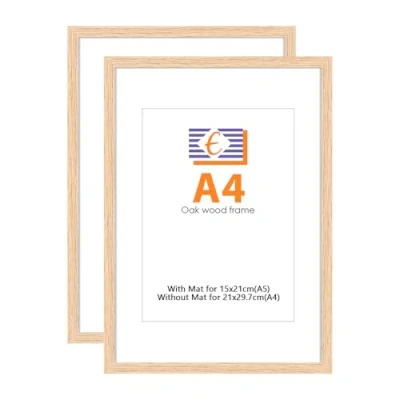 Image of ENGLORY A4 Oak Picture Frame Set of 2, Wood 21x29.7cm Photo Frames with Perspex Glass Front for Certificate/Picture/Poster/Painting, Wall Mount Decoration.