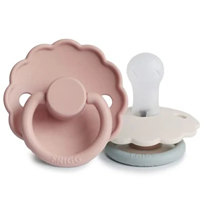 Image of FRIGG Daisy Silicone Pacifier Pack of 2 Soother Dummy BPA Free Made in Denmark Symmetrical Cherry Shaped Nipple (Blush/Cotton Candy, Size 1 (0 6 Months))