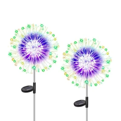 Image of Dekofun Solar Lights Outdoor Garden 2 Pack 120 LED Firework Lights, 8 Lighting Modes Starburst Waterproof Dandelion for Landscape Lawn Backyard Multicolor