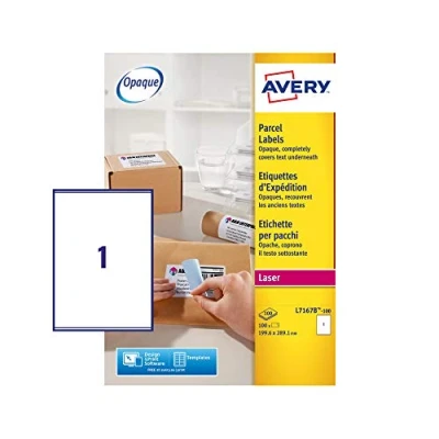 Image of Avery L7167B Printable, Customisable Parcel Labels, Laser Printers, 1 Label Per A4 Sheet, 100 BlockOut