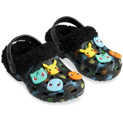 Image of Pokemon Boys Clogs with Removable Fur Lining &amp; Charms, Anime Gifts for (Black/Multi, 2 UK)