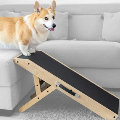 Image of PRIORPET Dog Ramp for Couch Birchwood Foldable Adjustable 7&quot; to 20&quot; Landing Platform Seamlessly Connects Anti Slip Grip Pet Small Dogs up 170lbs Natural