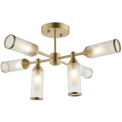 Image of Trieste 6 Light Ceiling Semi Flush Satin Brass Plate With Clear &amp; Frosted Glass