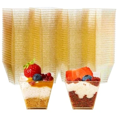 Image of MATANA 100 Mini Hard Plastic Dessert Cups with Gold Glitter for Parties (Square 60ml) Elegant &amp; Reusable Pots Cheesecake, Jelly, Puddings, Mousse, Tiramisu, Trifles