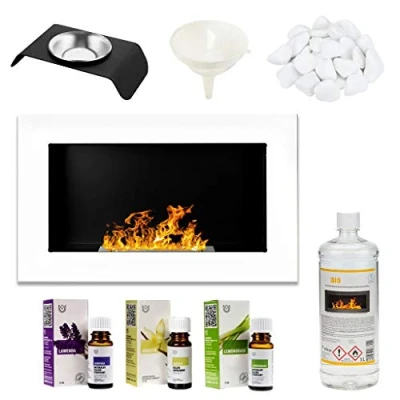 Image of GMT Bioethanol Eco Smokeless Fireplace White 65x40cm Indoor Decorative Wall mounted or recessed Fire Heater Chimney Modern Frame Design Easy to Mount with Bio Liquid Fuel &amp; Stones Aroma Oils