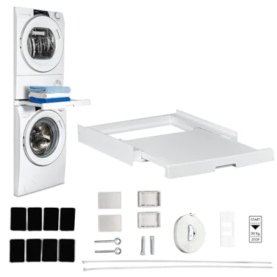 Image of CARE + PROTECT Univeral Stacking Kit with Sliding Shelf for Washing Machines and Dryers, Suitable Depth 47 62 cm, Squared Control Panel Front; Dryer 58cm