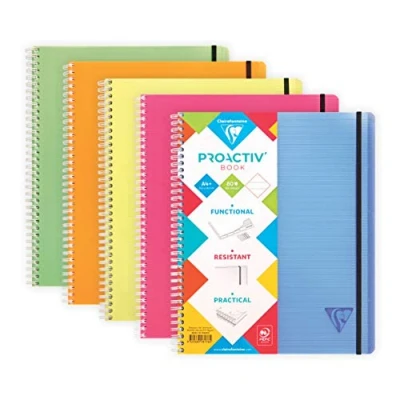 Image of Clairefontaine Ref 328176C Linicolor Wire bound Proactiv Notebook (80 Sheets) A4+ Size, Lined &amp; Margin Ruling, 90gsm Brushed Vellum Paper, Ribbed Polypro Cover Assorted Colours (Pack of 5)