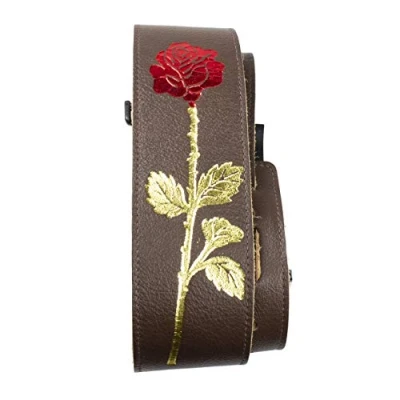 Image of Perri’s Leathers Ltd. Banjo Strap Leather Foil Embossed Red Rose Brown Adjustable Made in Canada (P25EBJBR 101)