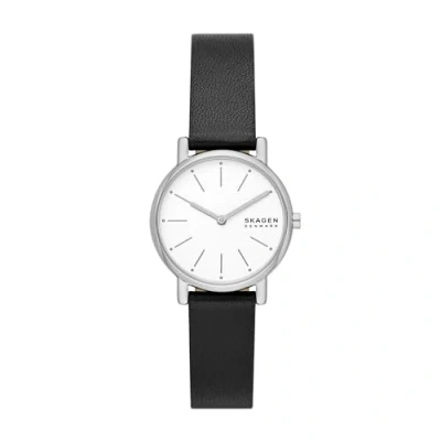 Image of Skagen Women&#039;s Signatur Lille Two Hand Silver Stainless Steel and Black Leather Band Watch (Model: SKW3120)