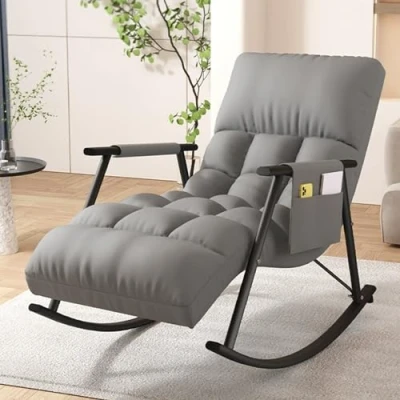 Image of Modern Breathable Bedroom rocking chair with cushion, garden lounge armrests, Indoor Comfortable camping chair, living room Sofa Lounger, ergonomic chair,Adjustable backrest.