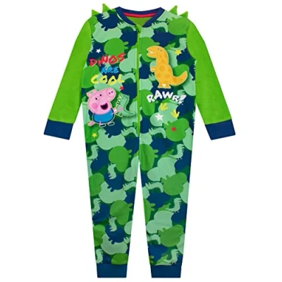 Image of Peppa Pig Boys Fleece Onesie George And Mr Dinosaur Kids All In One Nightwear Green 4 5 Years