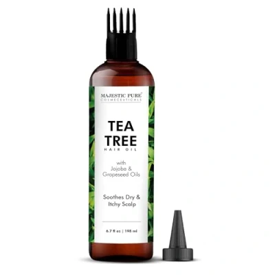 Image of MAJESTIC PURE Tea Tree Oil for Hair With Argan, Jojoba &amp; Grapeseed Oils Soothes Itchy Scalp Fights Dandruff Non GMO Verified 6.7 fl oz
