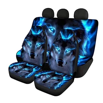 Image of Jeiento Cool Wolf Pattern Car Seat Covers Full Set Bucket Cover for SUV Truck Universal Fit Auto Interior Accessories Front Rear Split Bench