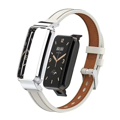 Image of T BLUER Compatible with Xiaomi Mi Band 7 Pro Strap,Mi Leather Replacement Bracelet Wristband Accessories Metal Frame for Smart Pro,White