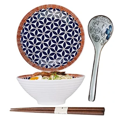 Image of 8‘’ Ramen Bowl,Ramen Bowl Set,Porcelain Japanese Bowl,Japanese Noodle Soup with Spoon Chopsticks,Salad Bowls