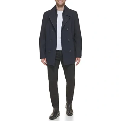 Image of Kenneth Cole Men&#039;s Notched Lapel Wool Pea Coat Knit Bib, Navy, M