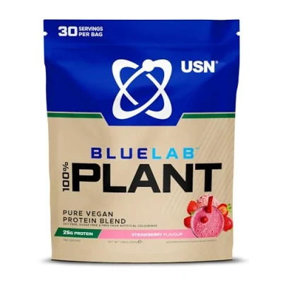 Image of USN 100% Plant Protein Strawberry, Vegan Powder (900g) A Sugar Free, Based Blend With No Soy and Artificial Flavours