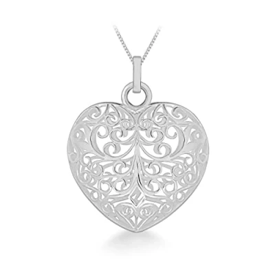 Image of Tuscany Silver Women&#039;s Sterling Large Filigree Puffed Heart Pendant on Adjustable Curb Chain of 41cm/16&quot; 46cm/18&quot;
