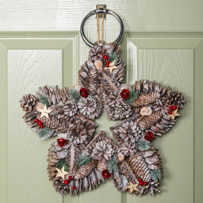 Image of 35cm Frosted Hanging Christmas Star Wreath with Red Jingle Bells &amp; Wooden Stars