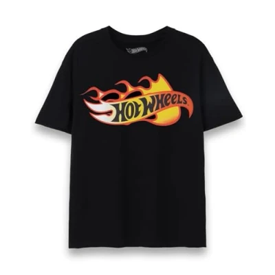 Image of Hot Wheels Mens T Shirt Adults Classic Flame Logo Short Sleeve Graphic Tee in Black Racing Flames Vintage Car Apparel Top Collectors Sports Speed Toy Iconic Merchandise Gift for Him