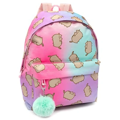 Image of Pusheen Backpack For Adults Teens Kids Pink Blue Purple Ombre Rucksack With Pom Keyring Tabby Cat 16 Bag Adjustable Straps One Size