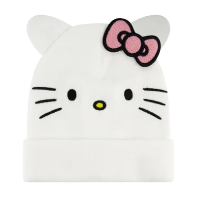 Image of Concept One Unisex&#039;s Hello Kitty Beanie Hat, Adult Acrylic Knitted Winter Cap with 3D Ears and Bow, White, Size