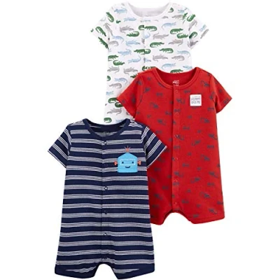 Image of Simple Joys by Carter&#039;s Baby Boys&#039; 3 Pack Snap up Rompers, Navy Stripes/Red Construction/White Alligator, 0 Months (Pack of 3)