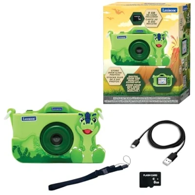 Image of Lexibook, Dinosaur, 4 in 1 Camera for Kids with Protection, Photo, Video, MP3, and Games Functions, 15 Frames to Customize Your Photos, 8 GB Memory Card Included, DJ078DINO