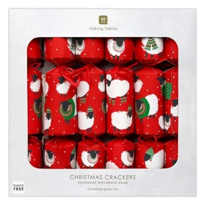 Image of Talking Tables 6 x Christmas Crackers with Bingo Game and Party Hat, Festive Red Black Sheep Design Eco Friendly Xmas Tableware, Recyclable