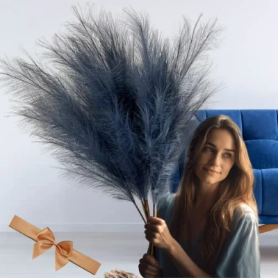 Image of Blue Pampas Grass Large Fluffy Tall Feathers Bedroom Accessories Home Living Room Plant Faux Pampa Artificial Plants Ornaments For Floor Vases 3 stems 116cm