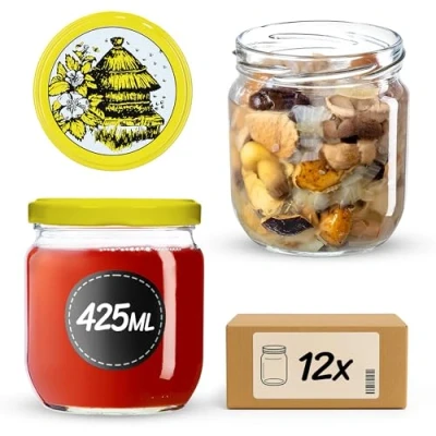 Image of KADAX Jam Jars 425 ml, Preserving with Airtight Lids for Homemade Marmalade, Jelly and Honey, Glass Storing Herbs (Honey, Set of 12)