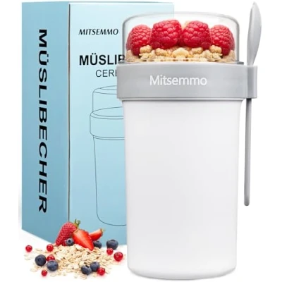 Image of Mitsemmo Cereal Cup On The Go,760ml+230ml Breakfast Pots to Go,Yogurt and Granola Pot with Sauce Container,Travel Bowl Milk Container for Work,Reusable Overnight Oats Jar Lid &amp; Spoon
