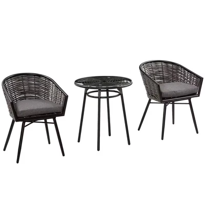 Image of Outsunny 3 Pieces Rattan Bistro Set, Wicker Garden Furniture Set with Round Glass Top Coffee Table and Chairs, Washable Cushions for Outdoor, Patio, Balcony, Grey
