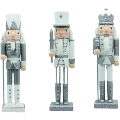 Image of SHATCHI 25cm Silver/White Glitter Wooden Christmas Nutcrackers 3pcs Set Soldiers King Puppet Figurines Home Decoration Ornament