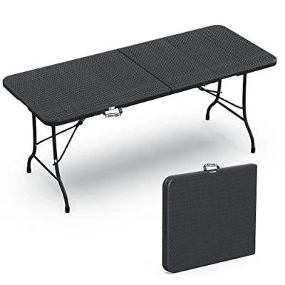 Image of VOUNOT Folding Picnic Table Portable Heavy duty Party Trestle 180 x 75 72cm for BBQ Camping Indoor Outdoor, Black