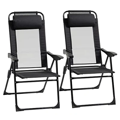 Image of Outsunny Set of 2 Portable Folding Recliner Metal Outdoor Patio Chaise Lounge Chairs with Adjustable Backrest, Black