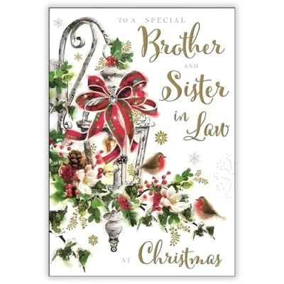Image of Brother and Sister in Law Christmas Card Special Finishes Festive Lantern Robins Illustrated Insert Leaf Made the UK
