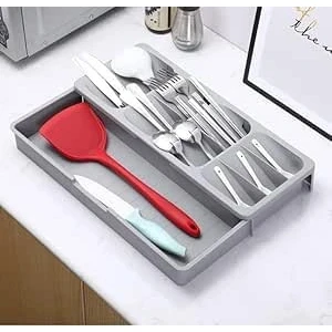 Image of Panzy Home Cutlery Drawer Organiser, Compact Utensil Tray for Kitchen, Expandable Knife and Fork Adjustable Plastic Silverware Holder Spoons Storage Organisation Grey (Grey)