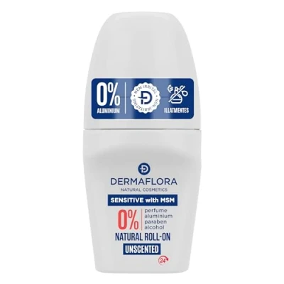 Image of Dermaflora Sensitive Roll On Deodorant with MSM 50ml Fragrance Free, Gentle Care for Skin 24 Hour Odor Protection Vegan, Natural Ingredients, No Staining or Irritation