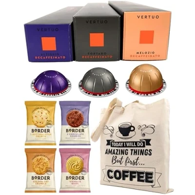 Image of Nespresso Vertuo Coffee Capsules Decaffeinated Selection Altissio, Fortado &amp; Melozio Decaffeinato, 3 Boxes (30 Pods) Bundled with Border Biscuits Giftable Tote Bag