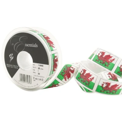 Image of Berisfords 13666 20 m x 25 mm Welsh Dragon Printed Ribbon, Red/White/Green