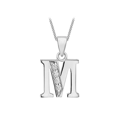 Image of Tuscany Silver Women&#039;s Sterling Rhodium Plated Initial &#039;M&#039; with Cubic Zirconia on Curb Chain of 46cm/18&#039;&#039;