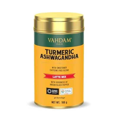 Image of VAHDAM, Golden Milk Powder/Turmeric Ashwagandha Latte Mix (100g, 40 Cups) Caffeine Free Powerful Curcumin, Turmeric Powder &amp; Brew Hot/Iced Tea or