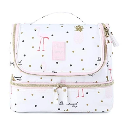 Image of Hanging Toiletry Bag for Women, Lychii Cosmetic with Double Layer, Toiletries Travel Organizer Flamingo Printed