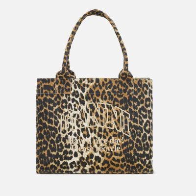 Image of Ganni Easy Leopard Print Cotton Canvas Large Shopper Bag