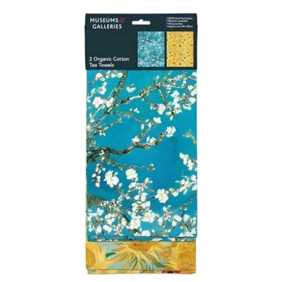 Image of Museums &amp; Galleries Tea Towels Organic Cotton Artistic Designs Almond Blossom Branches and Sunflowers by Vincent Van Gogh Set of 2 Stylish Home Accessory