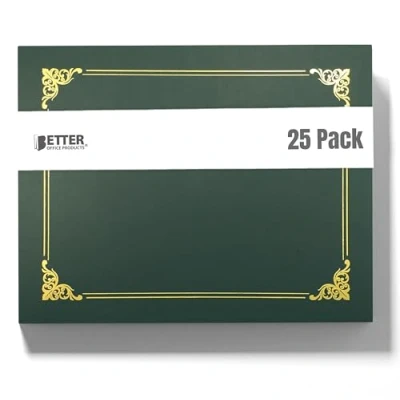 Image of Better Office Products 25 Pack Green Certificate Holders, Diploma Document Covers with Gold Foil Border, for Letter Size Paper, Count, Hunter