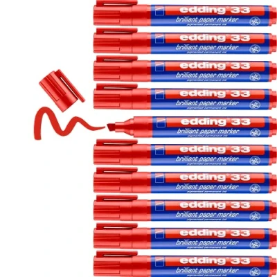 Image of edding 33 brilliant paper marker red 10 waterproof permanent markers chisel nib 1 5 mm vibrant colours lightfast marking on paper, card, cardboard, plastic, metal and glass