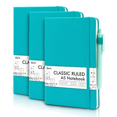 Image of feela A5 Notebooks Multipack, 3 Pack Ruled Lined Notepads (120 GSM), Hardback Journal Notebook with Black Gel Pens for Work, Study, Journaling, Note Taking, 128 Pages/Pack, 21 x 13 cm, Pink