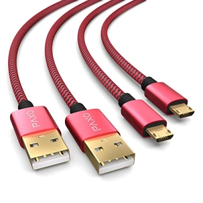 Image of PAXO 2x 4m charging cable for PS4 controller, micro USB cable, nylon, USB, fabric jacket, aluminum plug, red black